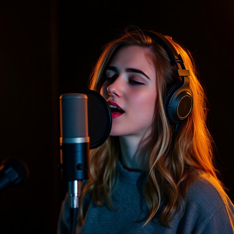 Vocal student singing into a studio microphone
